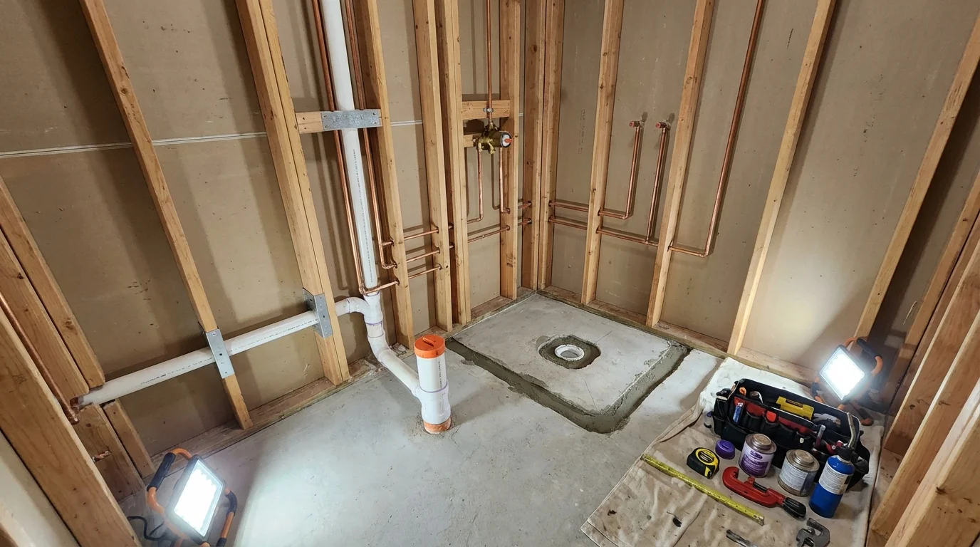 Bathroom rough-in plumbing during remodel by Johns Plumbing LLC in Lufkin
