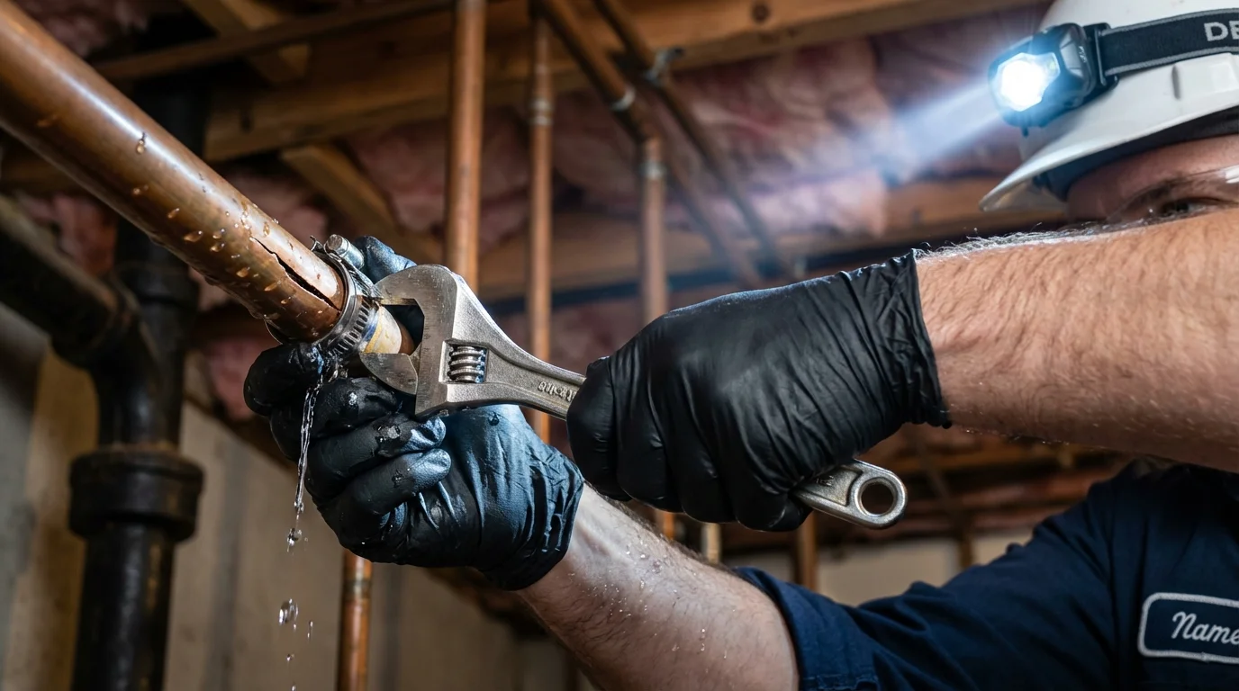 Emergency pipe clamp repair being performed by a Johns Plumbing LLC plumber in Lufkin
