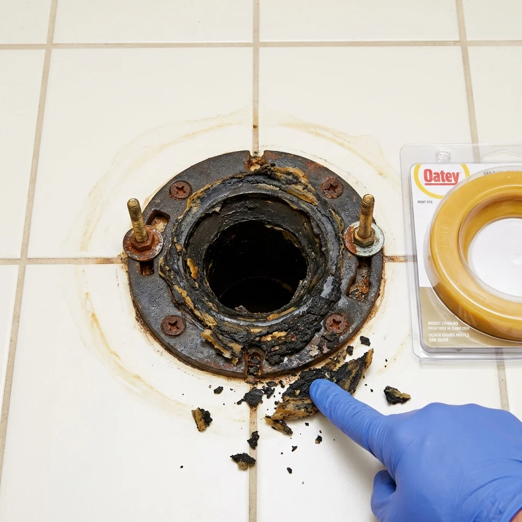 Failed wax ring showing water seepage at the base of a toilet in a Lufkin, TX home