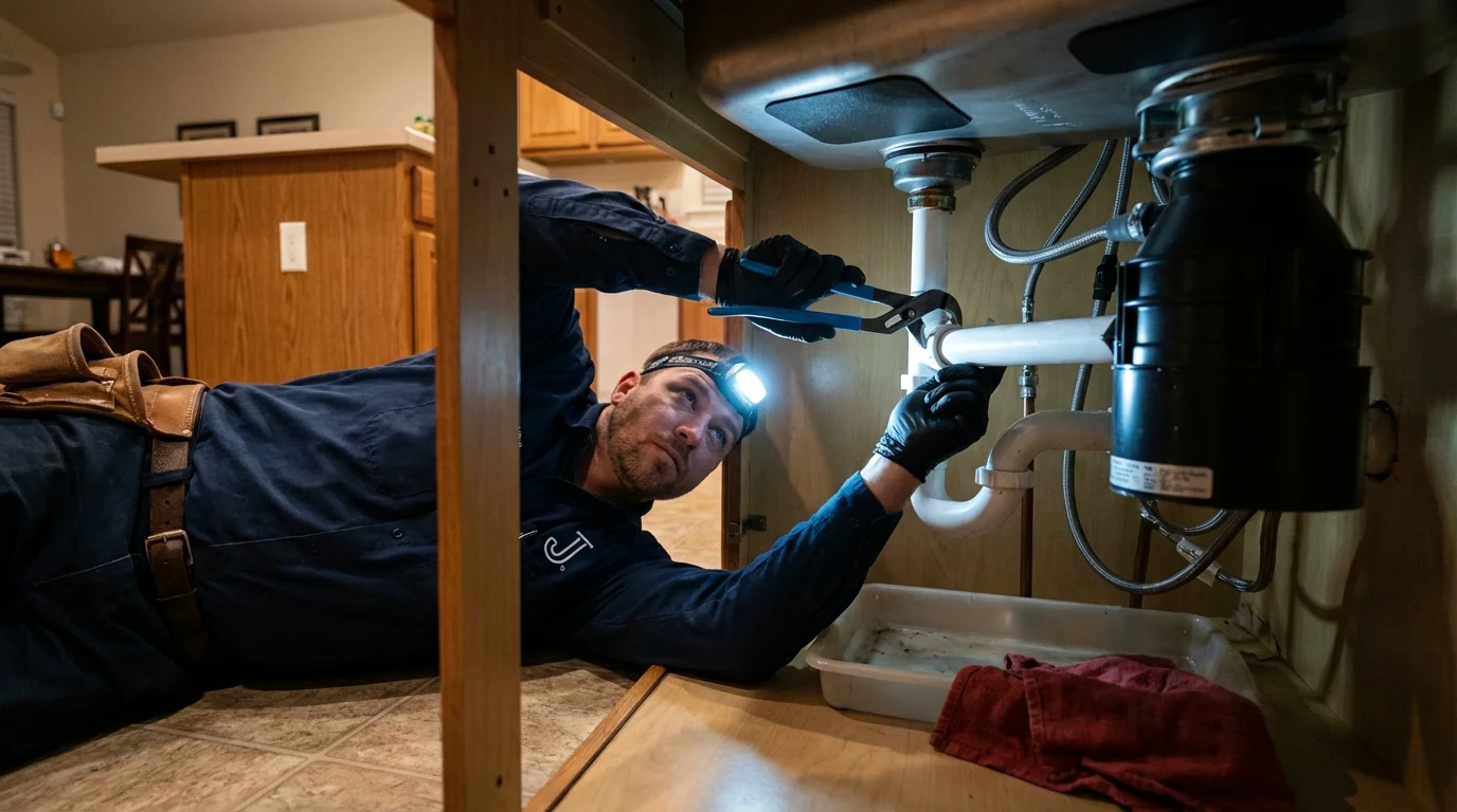 P-trap and supply line connections under a kitchen sink showing a common leak point in Lufkin, TX